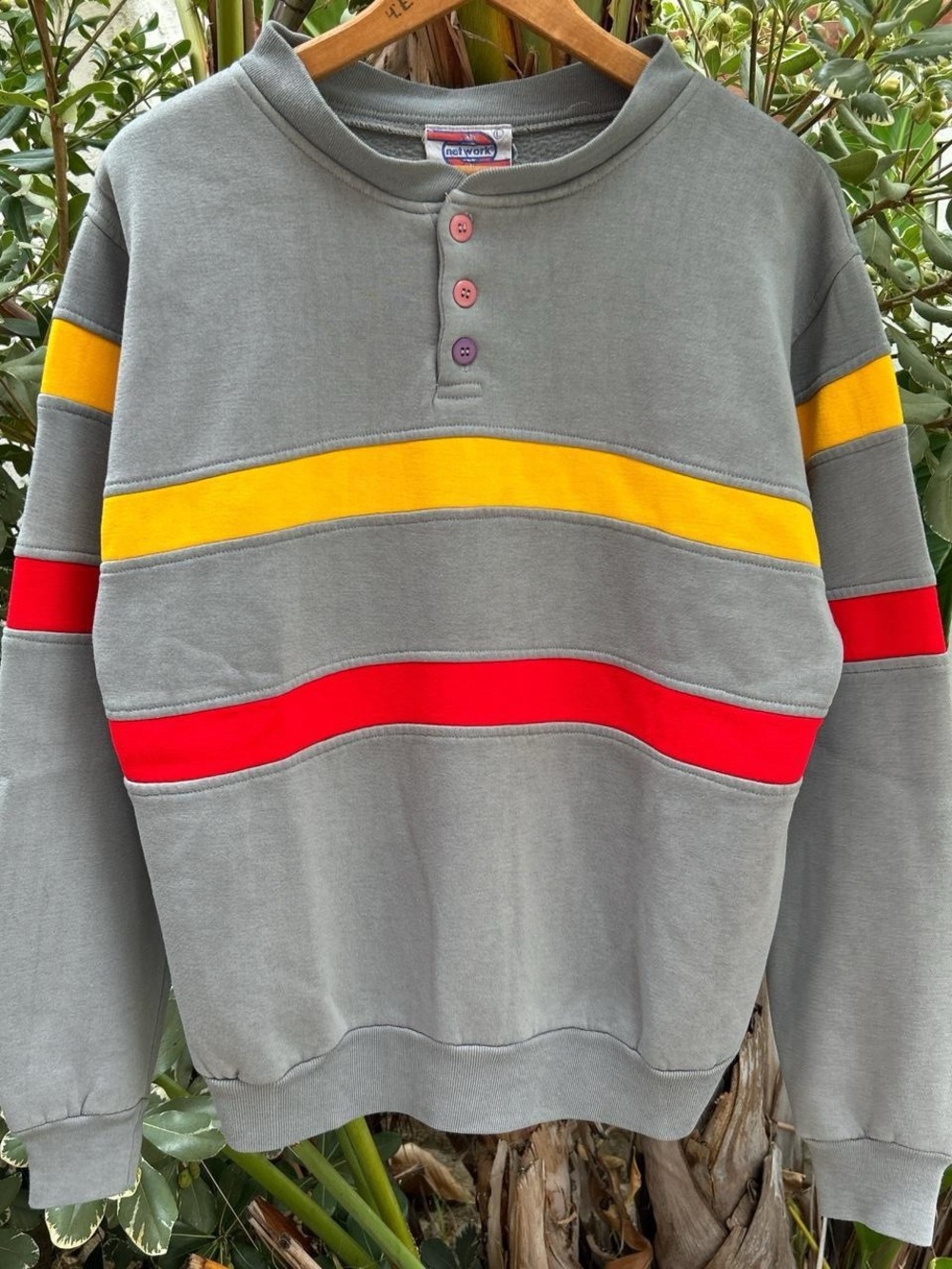 Vintage 90s Network Color Block Henley Sweatshirt Gray Striped Men’s L